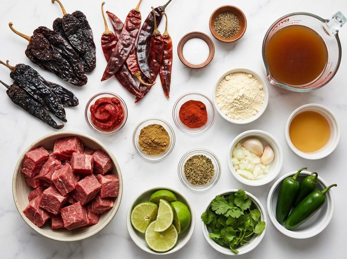 Ingredients for Texas Style Chili with beef chuck and dried chiles