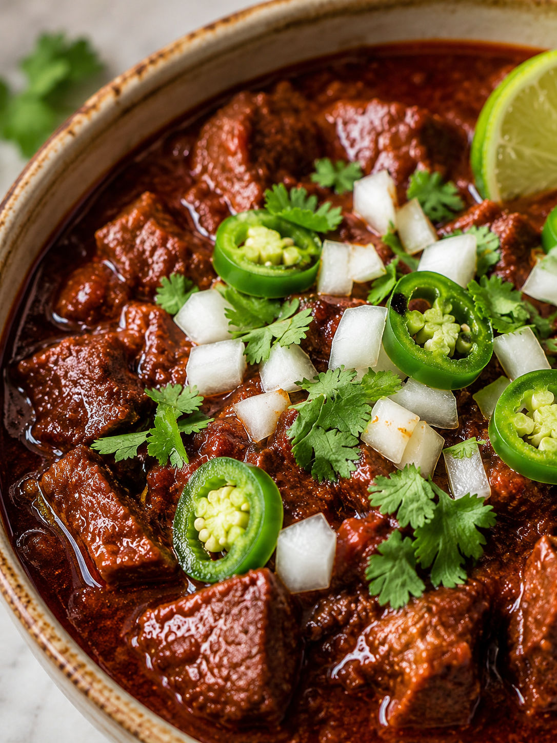 Texas Style Chili, plated and served
