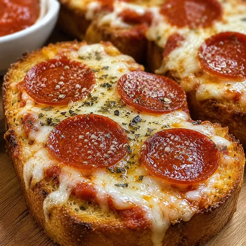 Texas toast pizza with melted mozzarella and pepperoni on crisp garlic bread
