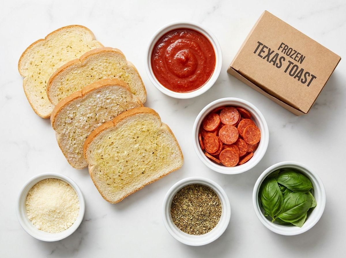 Ingredients for Texas toast pizza with sauce cheese pepperoni and garlic bread