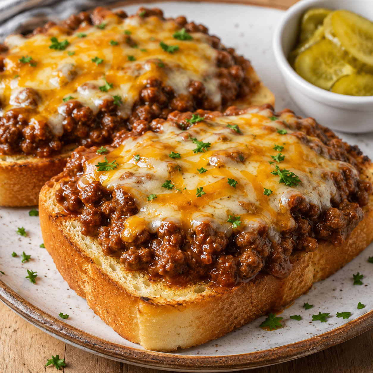 Open-faced Texas Toast Sloppy Joes with melted cheese and parsley
