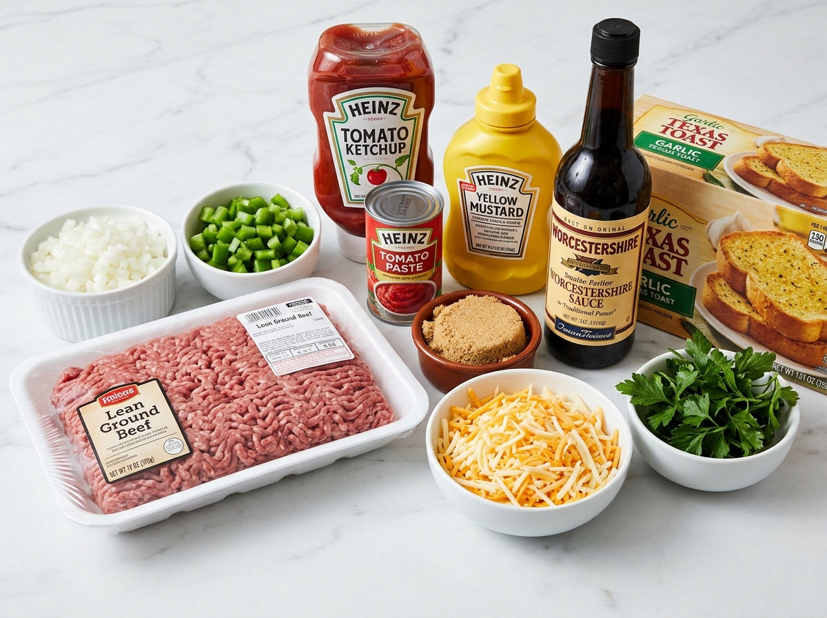 Raw ingredients for Texas Toast Sloppy Joes on a wooden counter