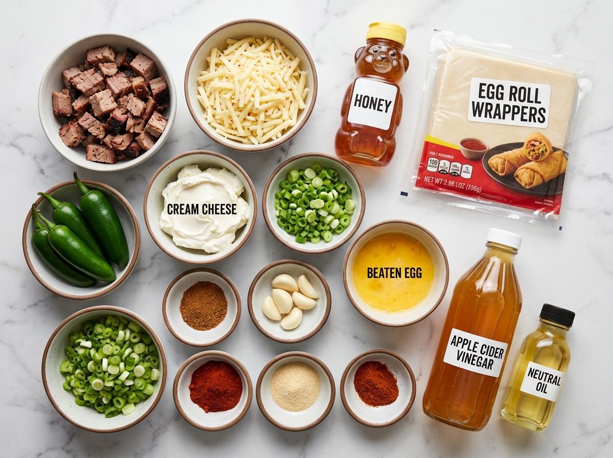 Ingredients for brisket jalapeño egg rolls with honey and cheese