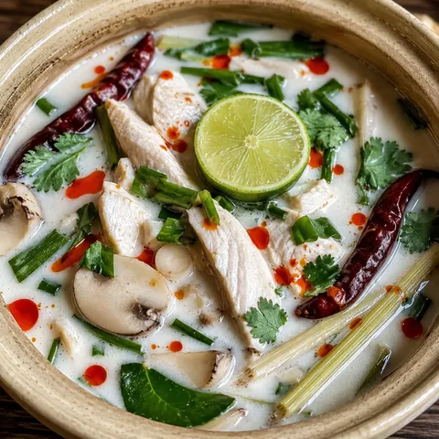 Thai coconut chicken soup with lime, herbs, mushrooms, and chili oil