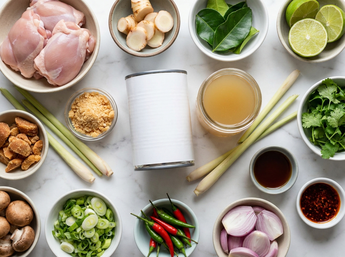 Ingredients for Thai coconut chicken soup with lemongrass and galangal