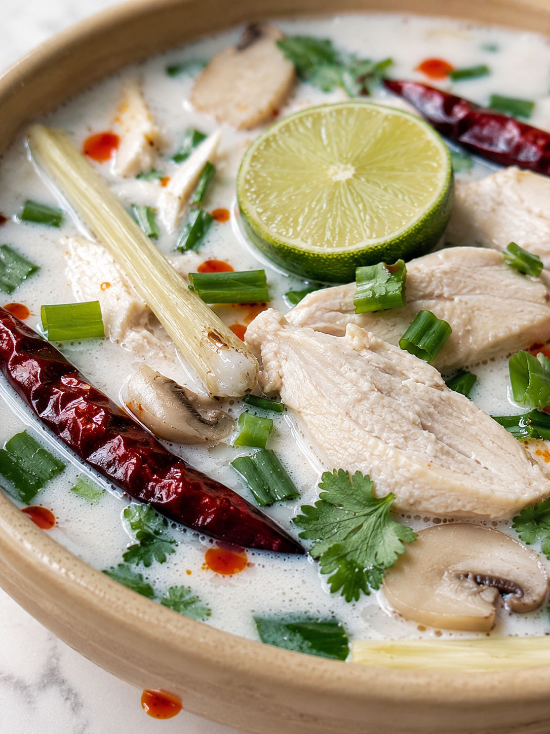 Thai Coconut Chicken Soup, plated and served