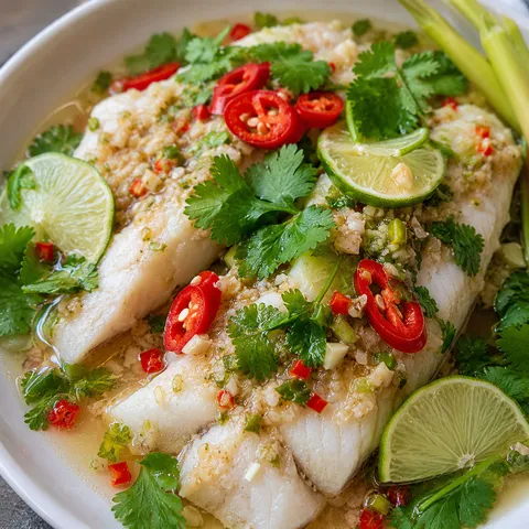 Thai lime-garlic fish with cilantro, red chili, and lime slices