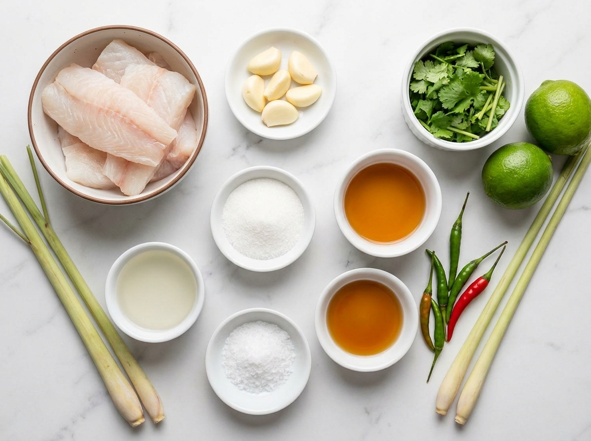 Raw white fish, lime, garlic, cilantro, chilies, and lemongrass