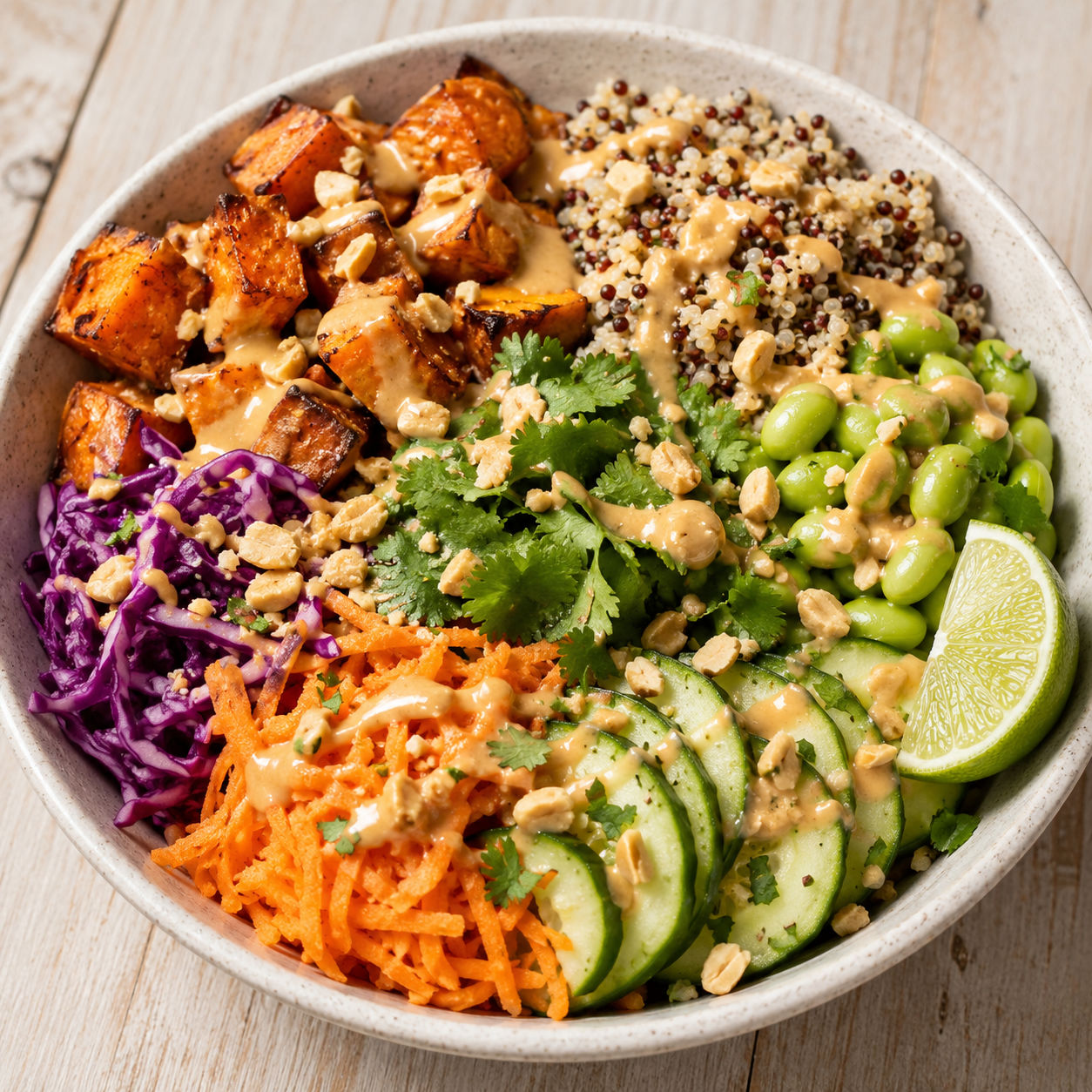 Thai peanut sweet potato bowl with quinoa, vegetables, peanuts, and lime