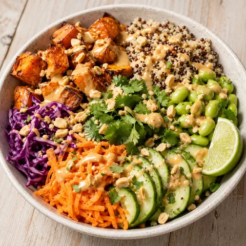 Thai peanut sweet potato bowl with quinoa, vegetables, peanuts, and lime