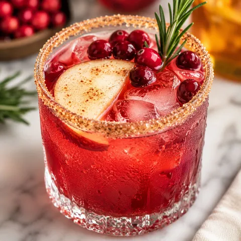 Thanksgiving Margarita with cranberry, apple slice, and cinnamon sugar rim