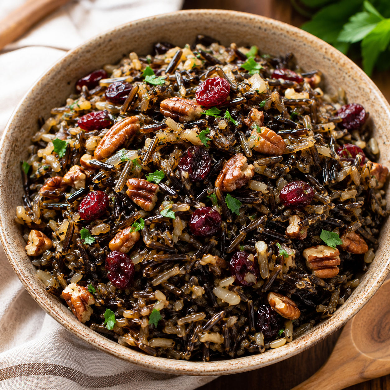 Thanksgiving wild rice pilaf with cranberries and pecans in a rustic bowl