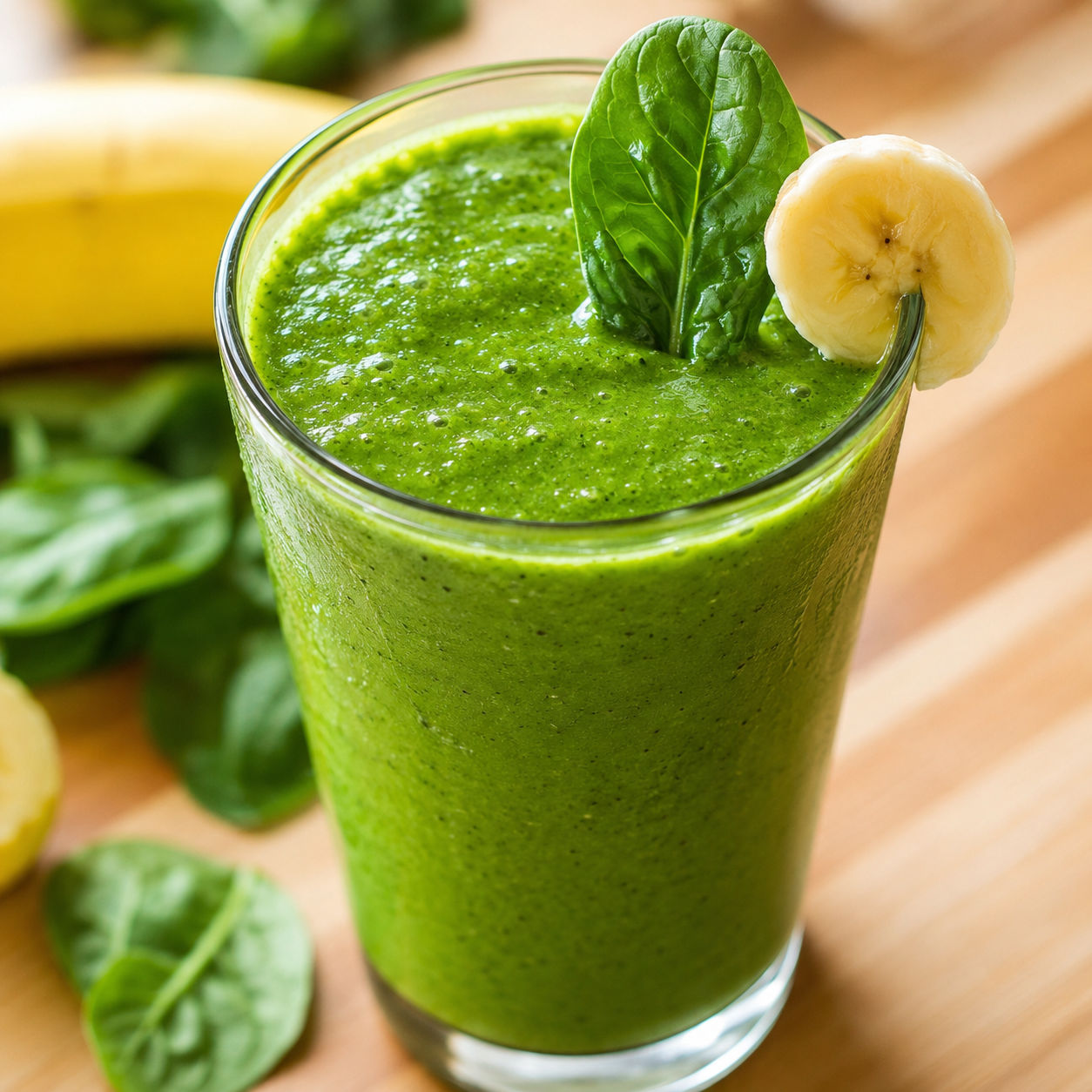 Bright green smoothie in a tall glass with banana and spinach garnish