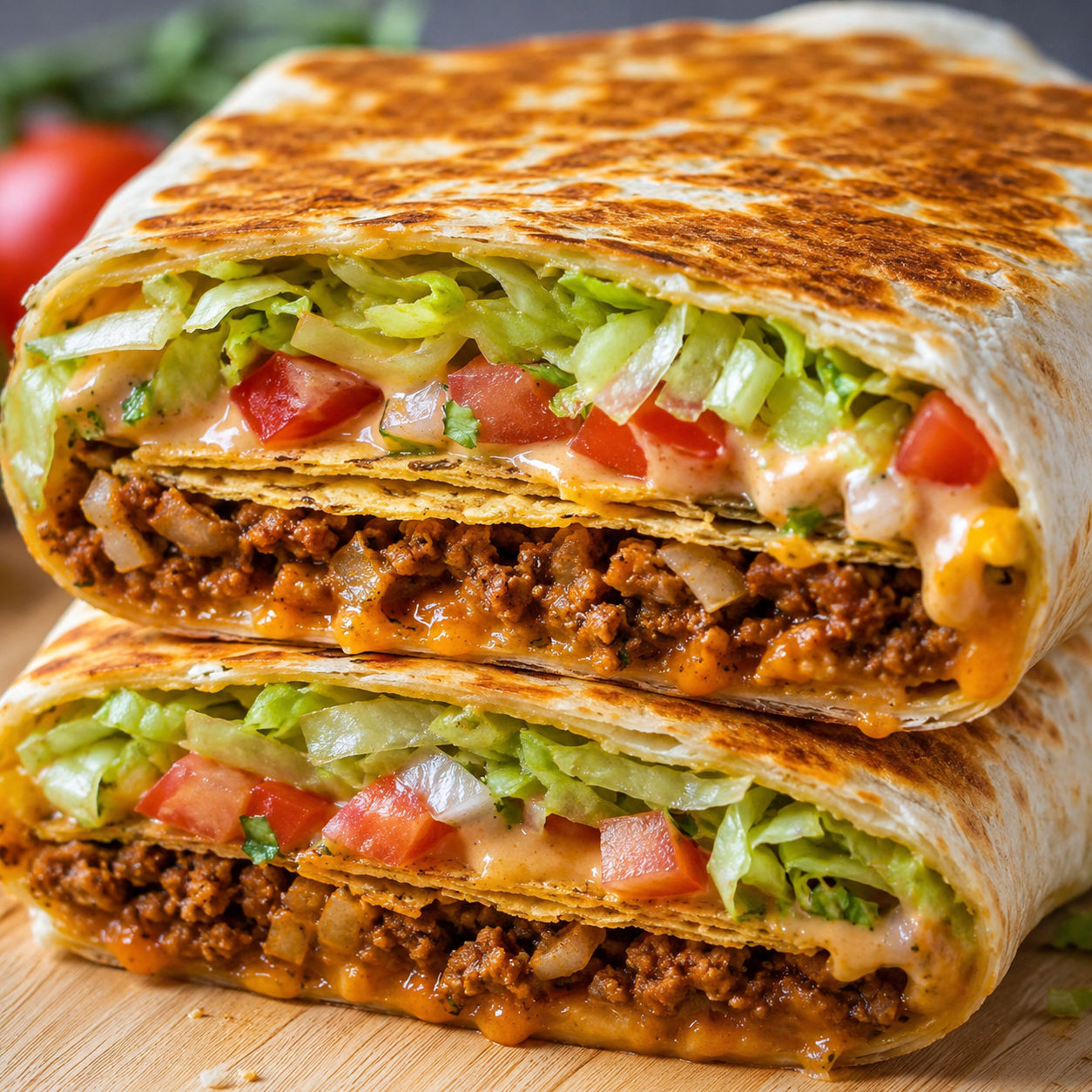 Vegan crunchwrap supreme cut in half showing layers of meat, queso, lettuce, and tostada