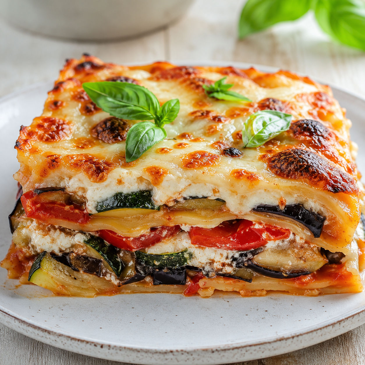 Slice of vegetarian lasagna with roasted vegetables, ricotta, and melted mozzarella