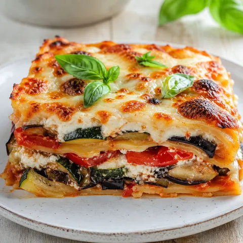 Slice of vegetarian lasagna with roasted vegetables, ricotta, and melted mozzarella