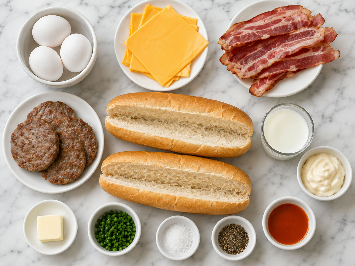 Ingredients for breakfast hoagies with eggs, bacon, sausage, and rolls
