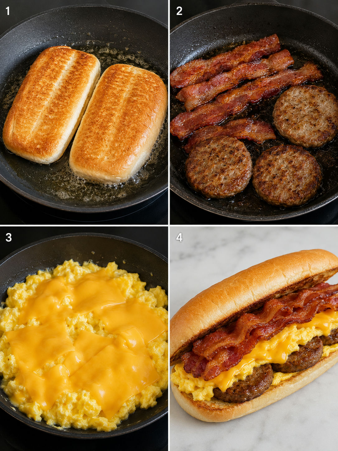 Four cooking steps for making a breakfast hoagie