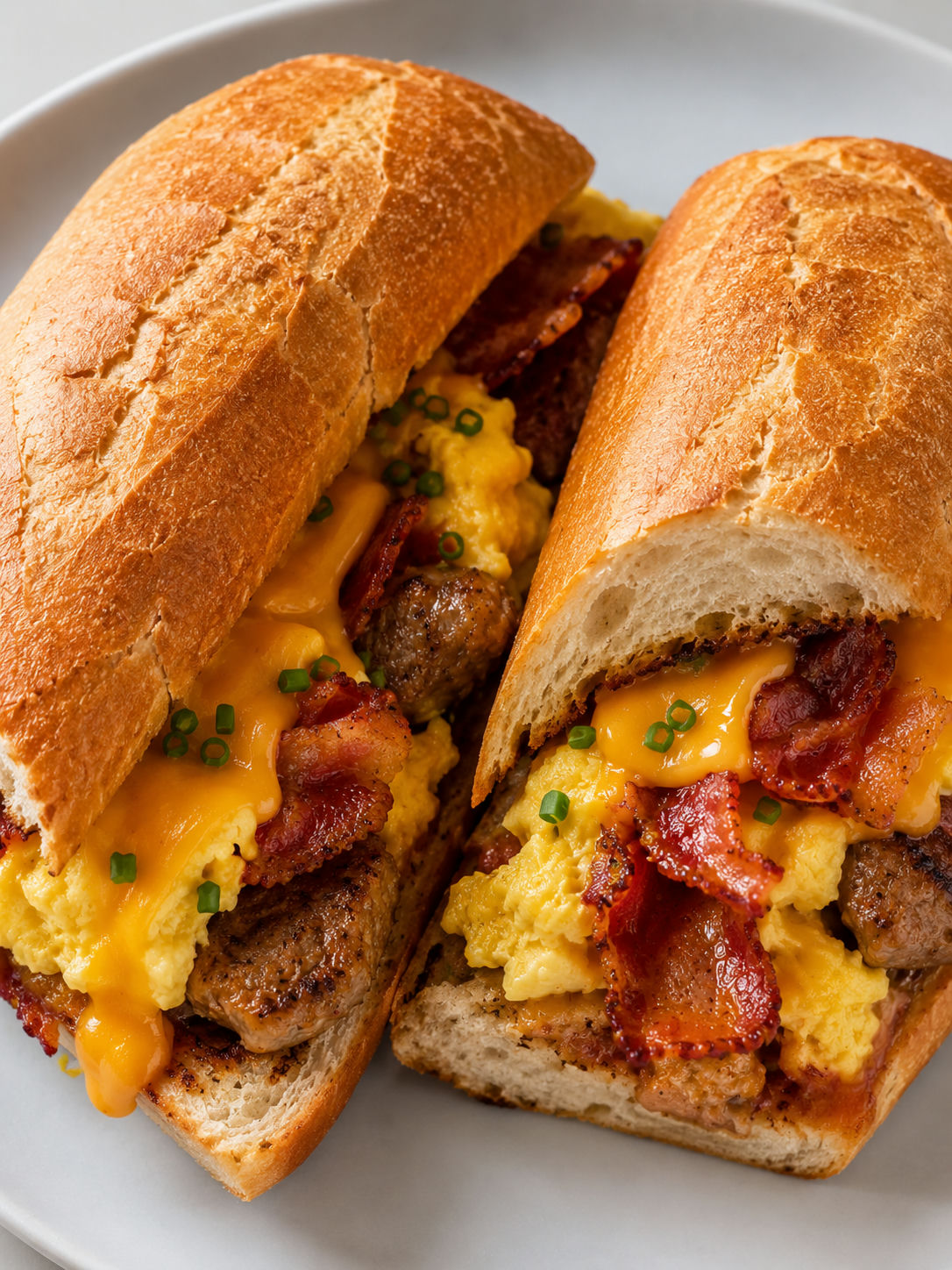 Sliced breakfast hoagie filled with eggs, bacon, sausage, and cheese