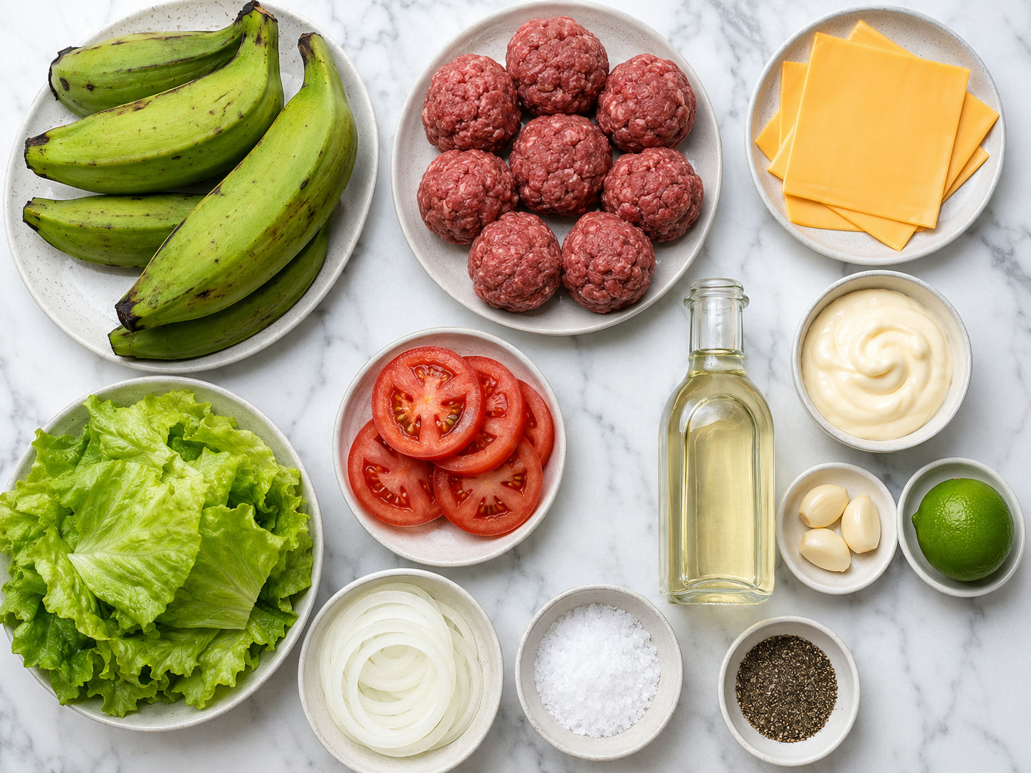 Ingredients for a Chicago jibarito smash sandwich with green plantains and beef