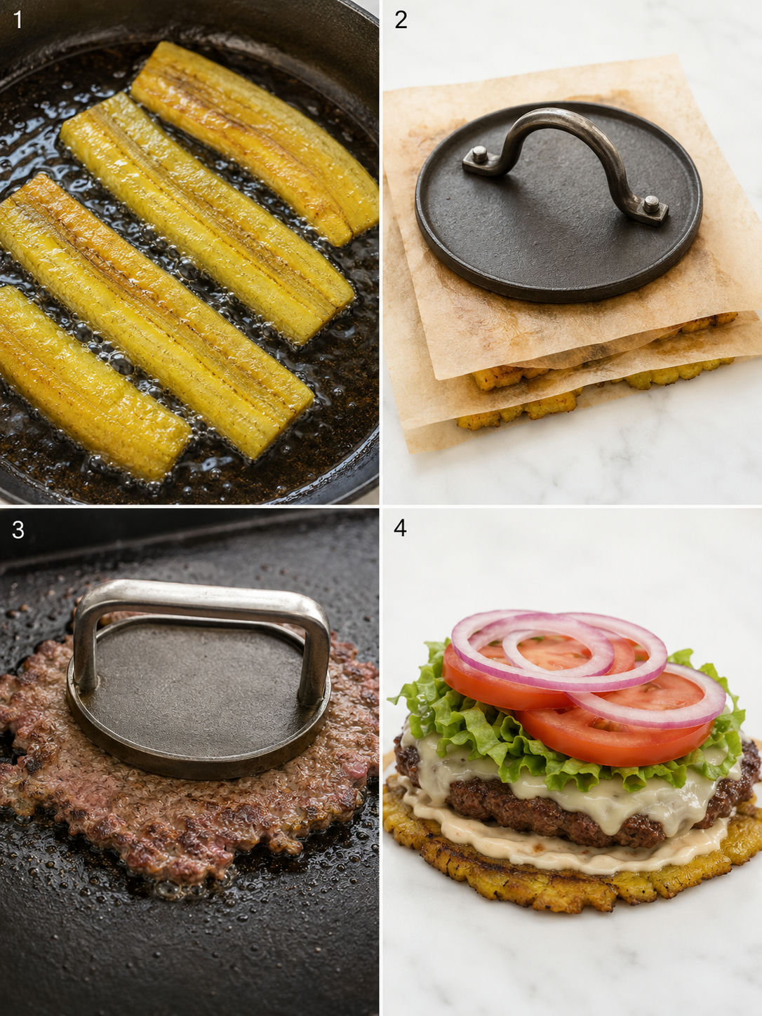 Four cooking steps for a jibarito smash sandwich with plantains and beef
