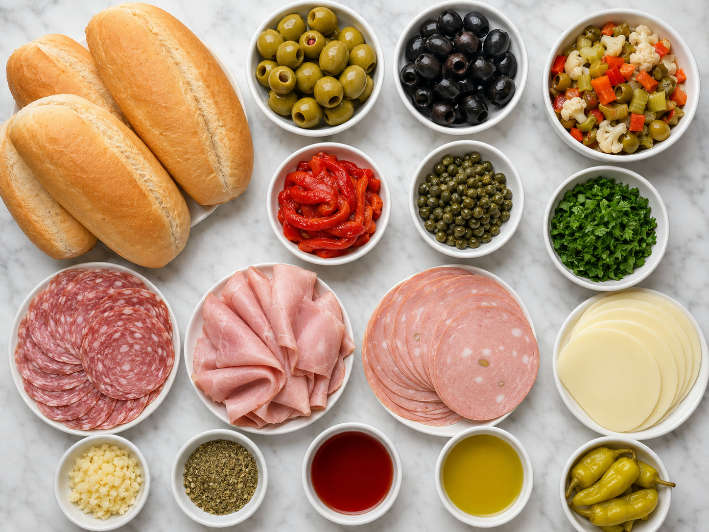 Ingredients for muffuletta hoagies with olives, deli meats, rolls, and provolone