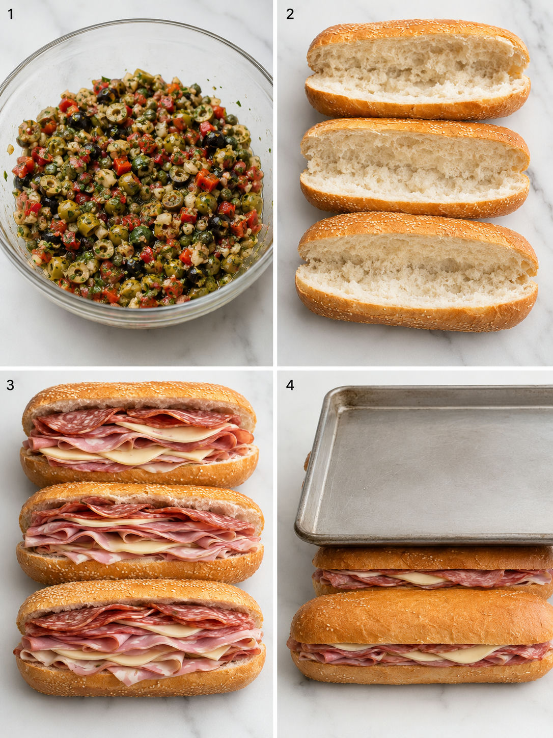 Four steps for making muffuletta hoagies from olive salad to pressing