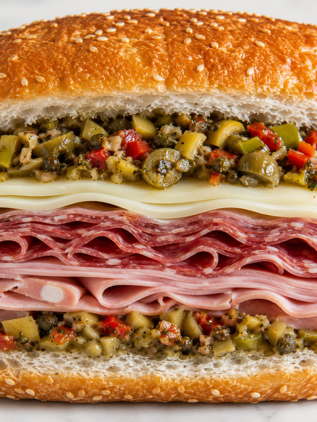 Tall muffuletta hoagie cross-section with olive salad, provolone, and deli meats