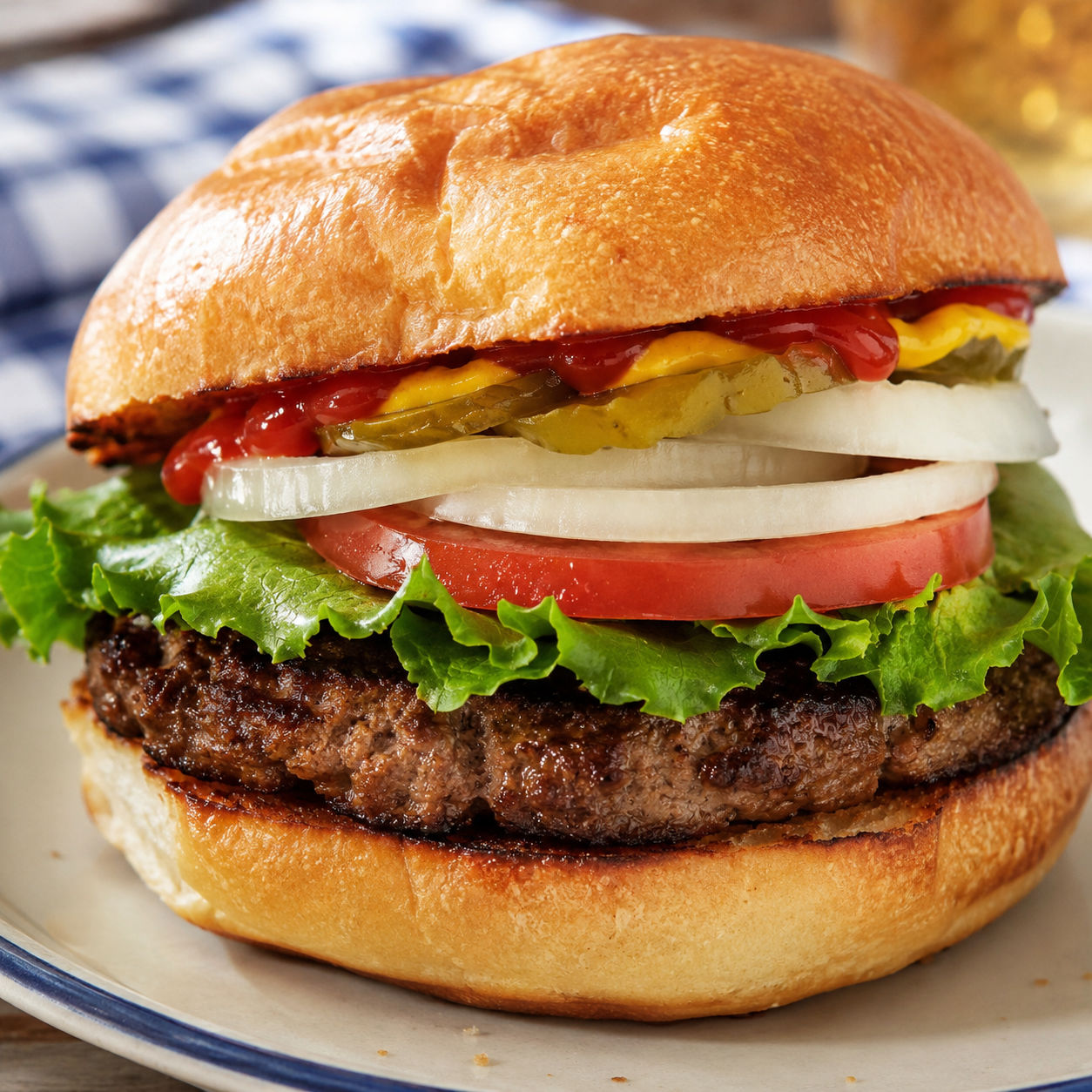 Juicy basic beef burger with lettuce, tomato, onion, and pickles