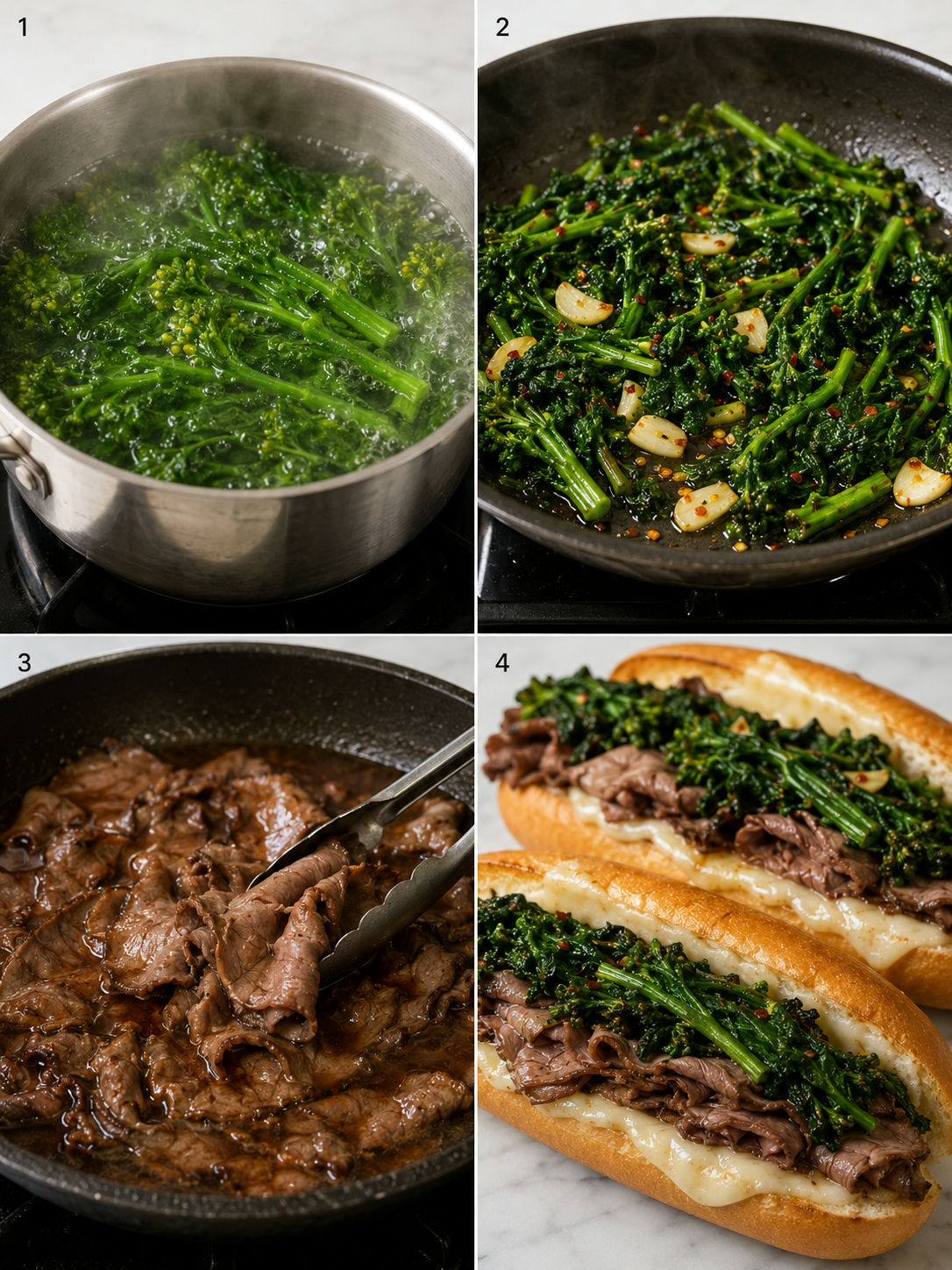 Four steps for making roast beef broccoli rabe hoagies