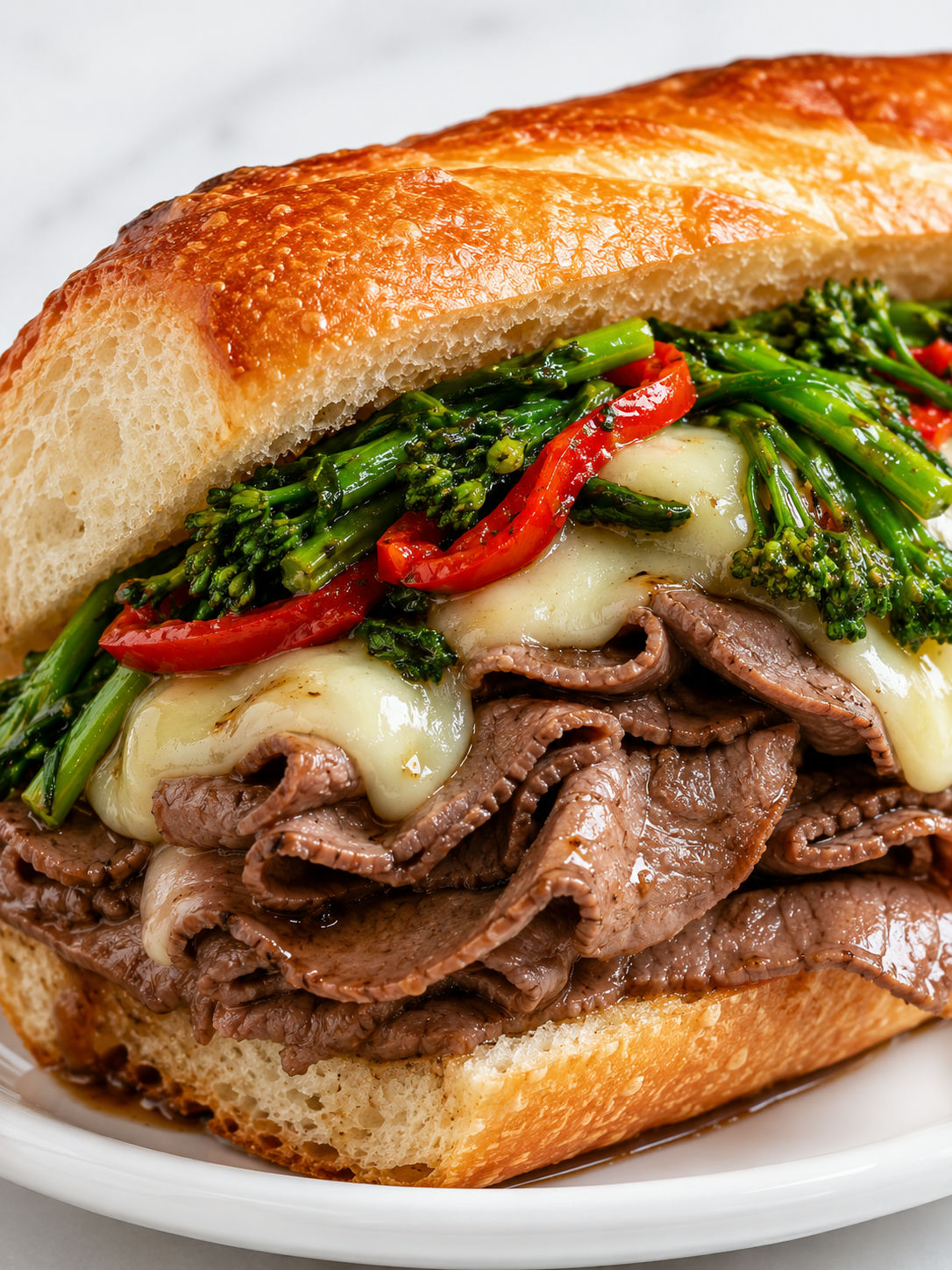 Juicy roast beef broccoli rabe hoagie with melted sharp provolone