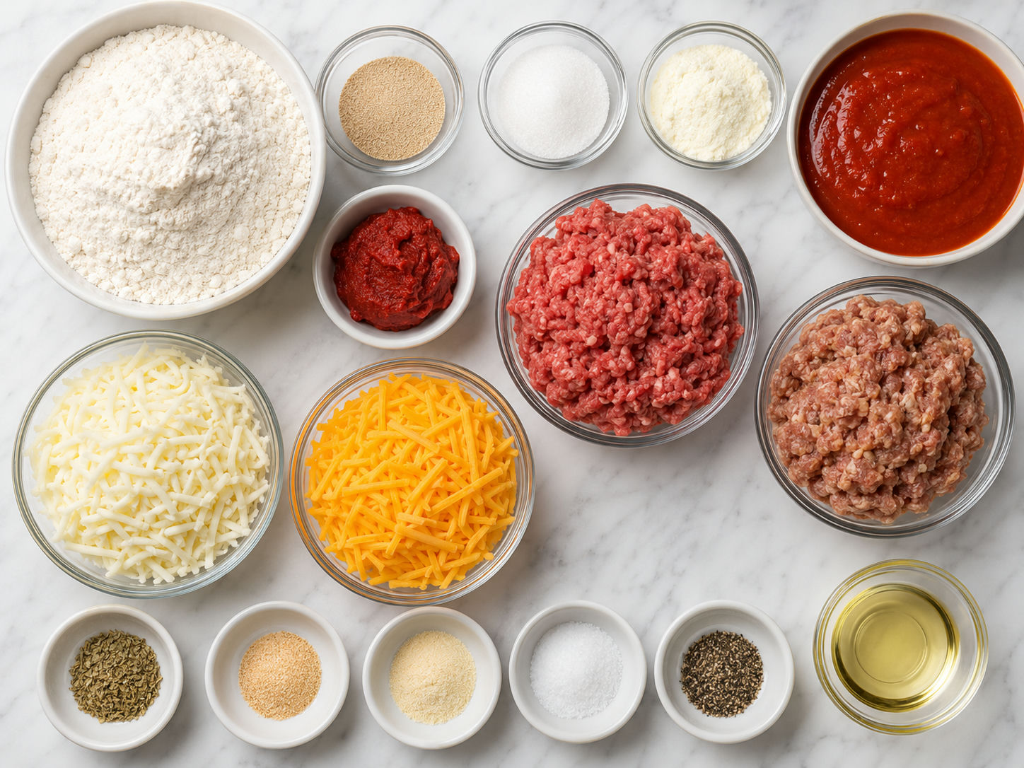 Ingredients for school pizza with flour, tomato sauce, meat, and shredded cheese