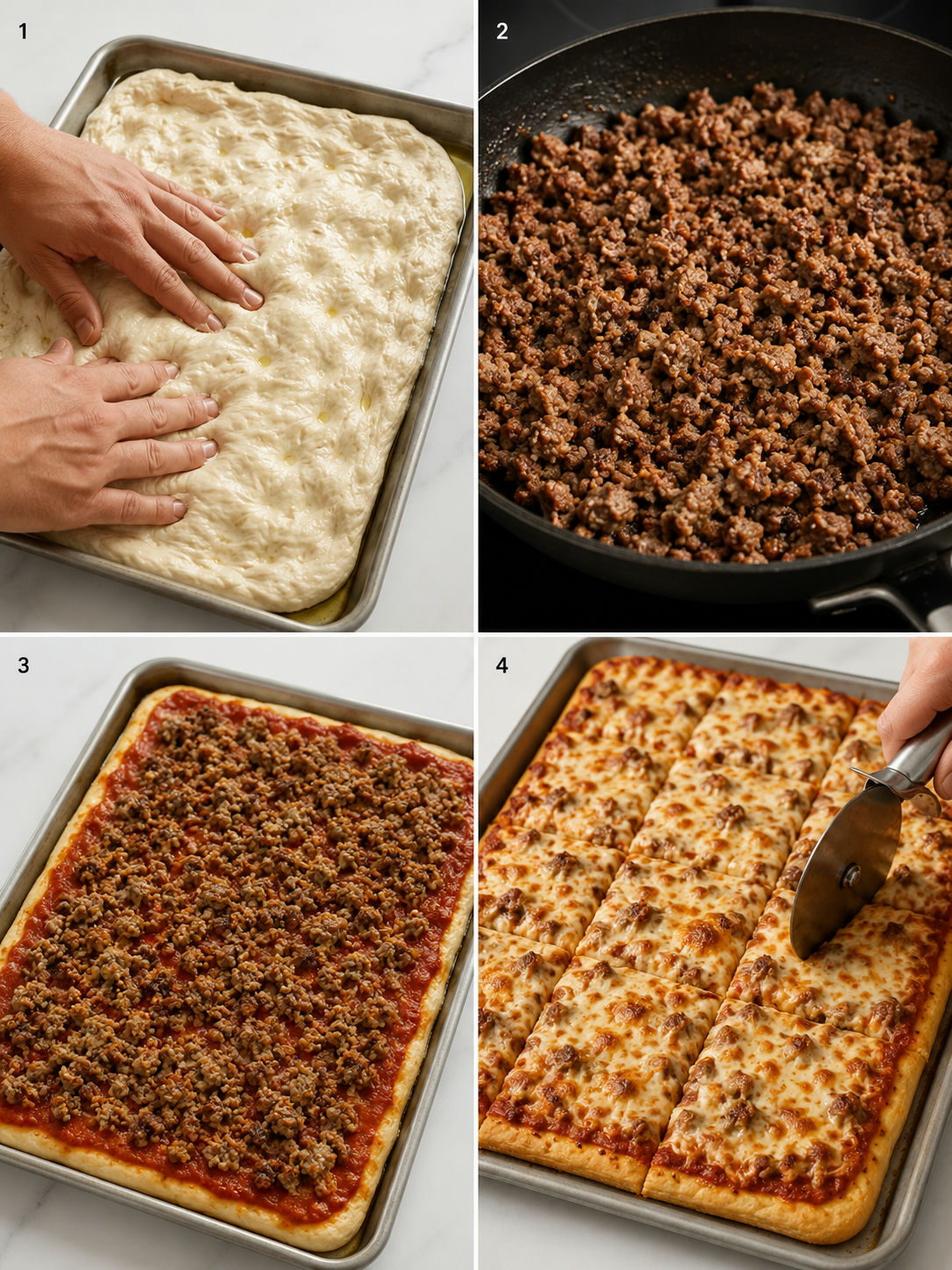 Four steps for making school pizza from dough pressing to cutting rectangles