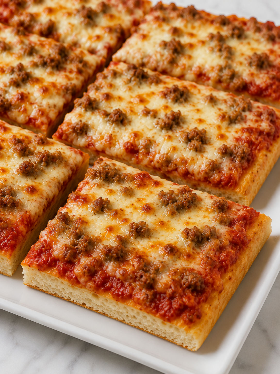 Rows of rectangular school pizza slices with browned cheese and meat topping