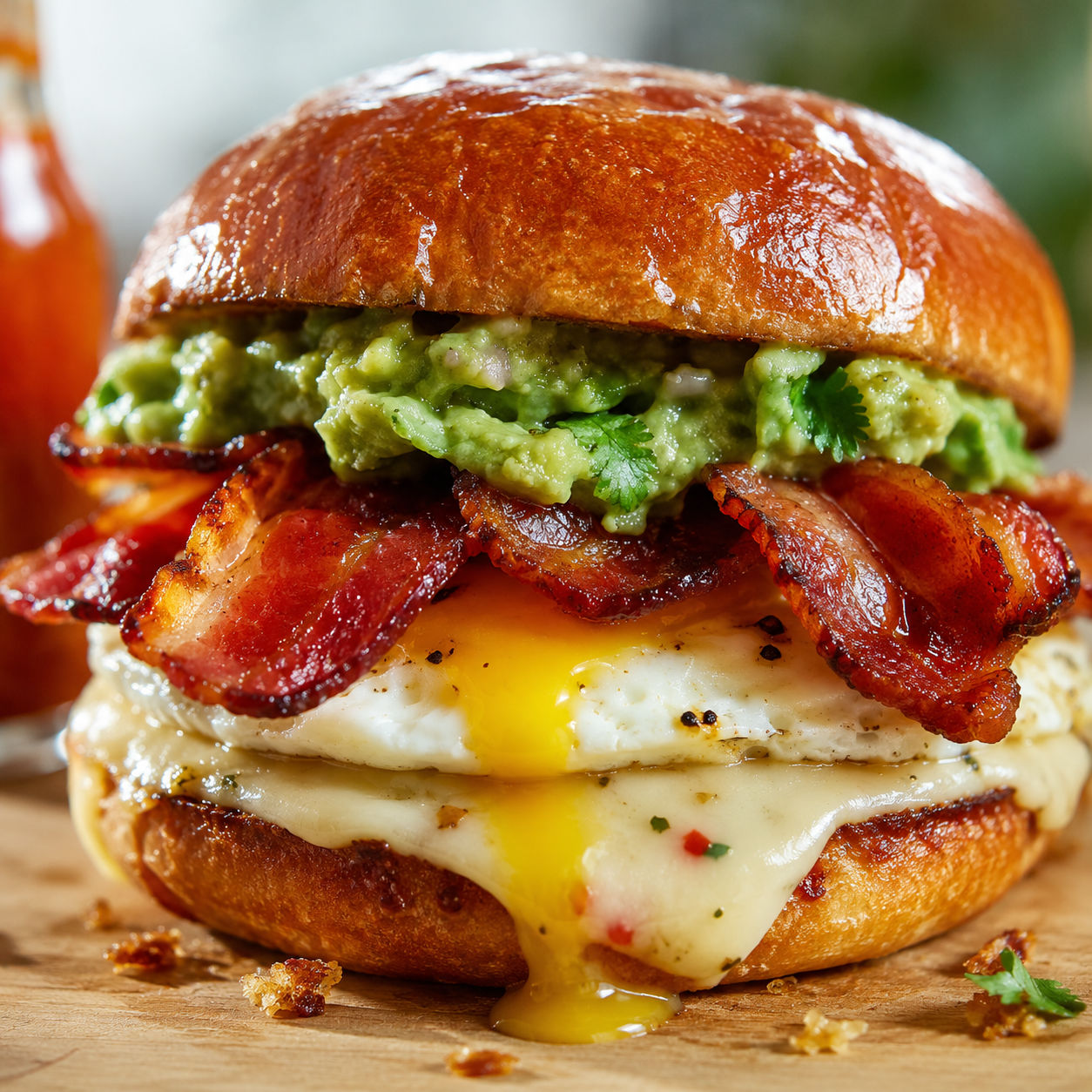 Bacon egg breakfast sandwich with guacamole on a toasted brioche bun
