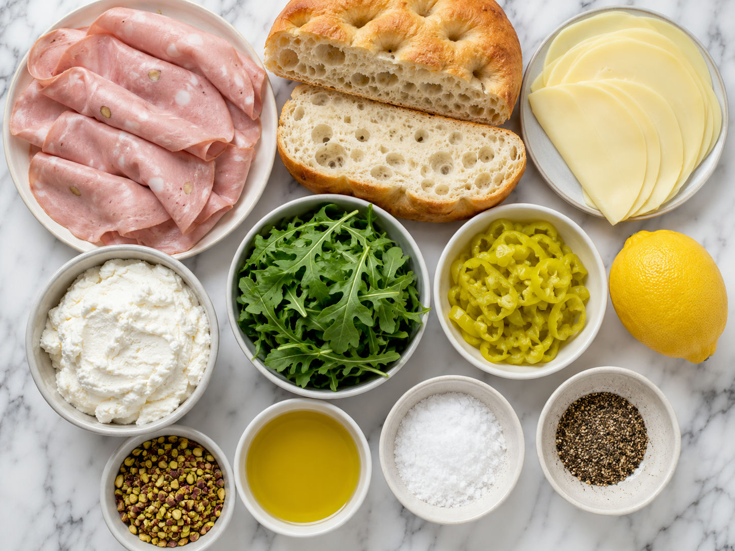 Mortadella sandwich ingredients with focaccia, provolone, ricotta, and arugula