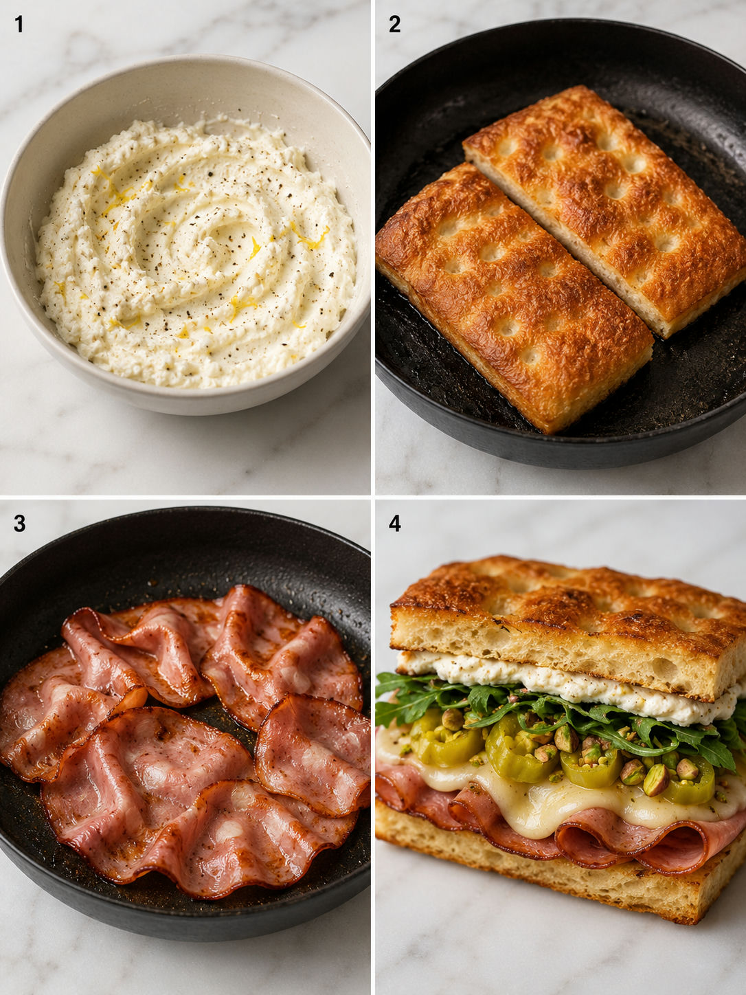 Four steps for making a crispy mortadella sandwich