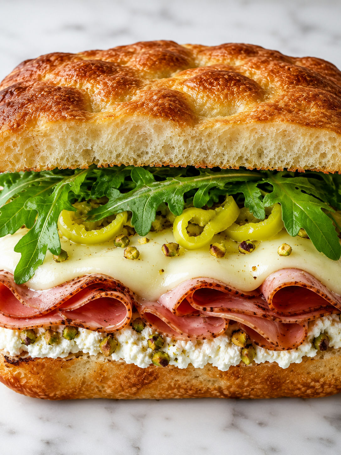 Crispy mortadella focaccia sandwich with melted provolone and greens
