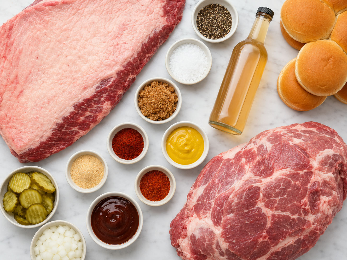 Raw brisket, pork shoulder, spices, mustard, vinegar, sauce, pickles, and buns