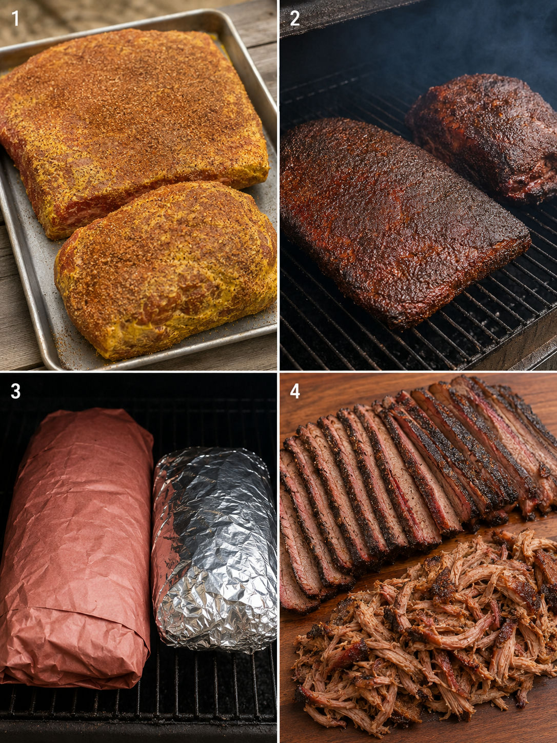 Four smoking steps from seasoning brisket and pork to slicing and pulling