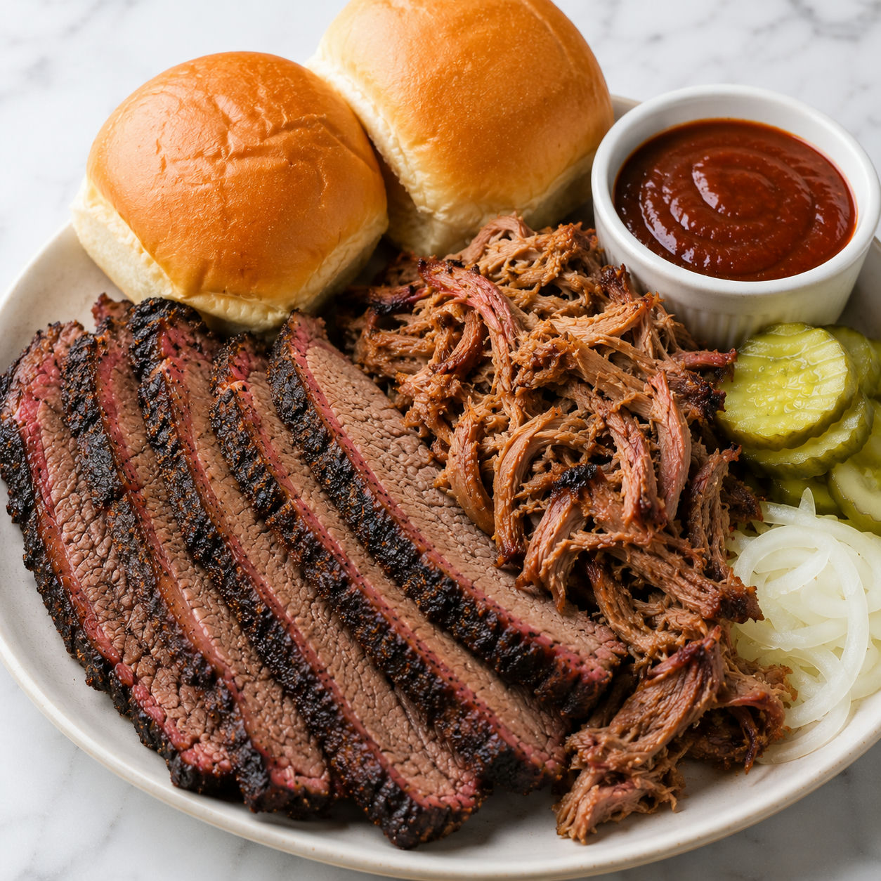 Smoked brisket and pulled pork platter with pickles, onions, buns, and sauce
