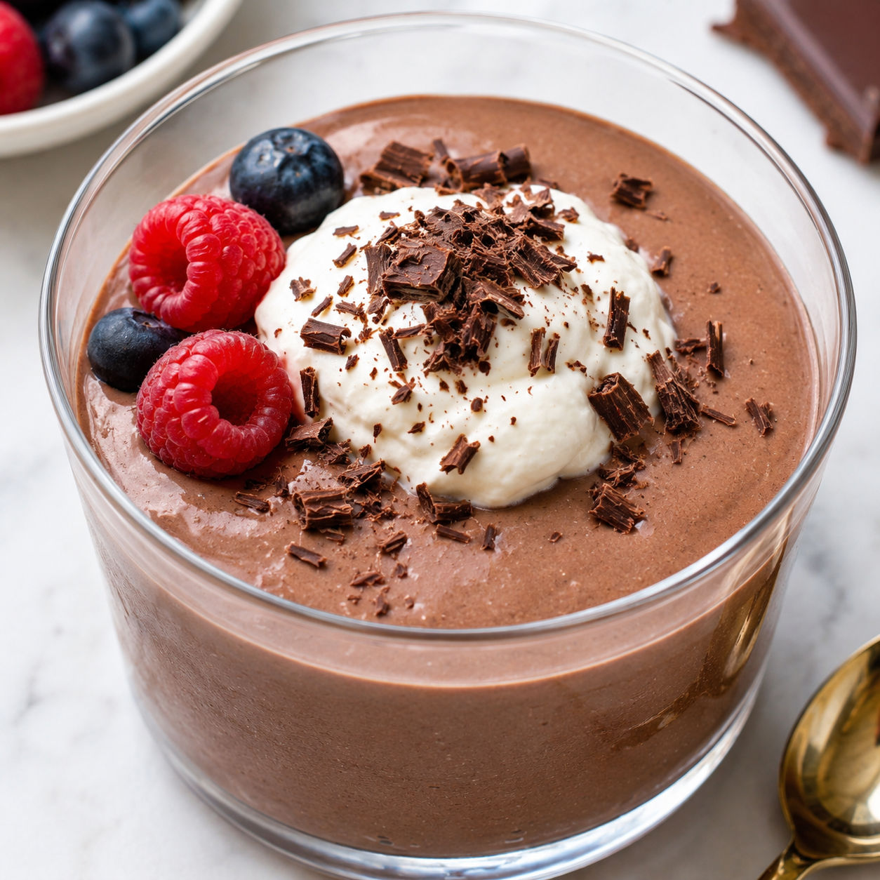 Chocolate protein pudding with whipped cream and shaved chocolate in a glass cup