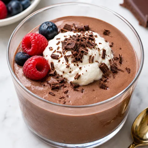 Chocolate protein pudding with whipped cream and shaved chocolate in a glass cup