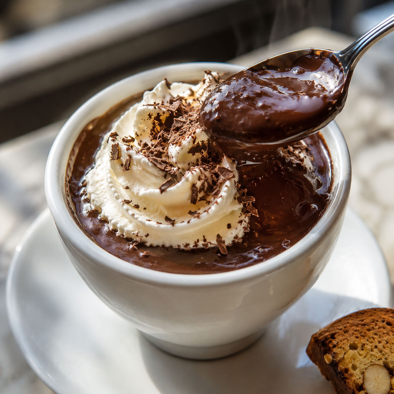 Thick Italian hot chocolate with whipped cream and shaved chocolate