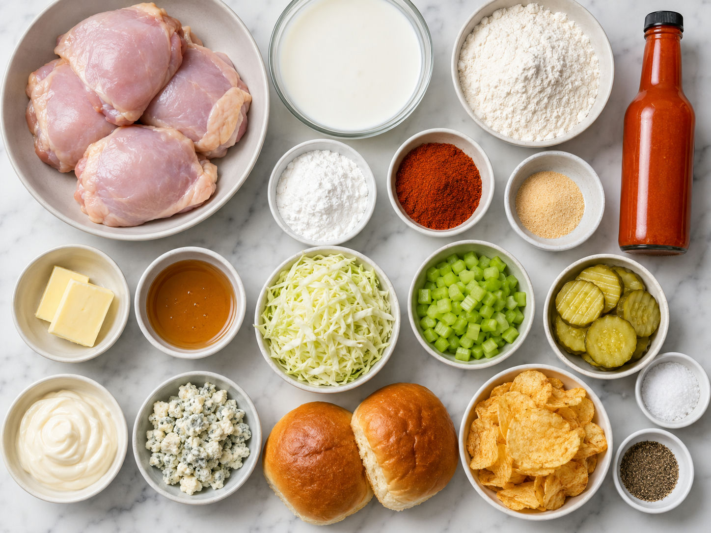 Ingredients for Buffalo chicken sandwiches with pickles and slaw