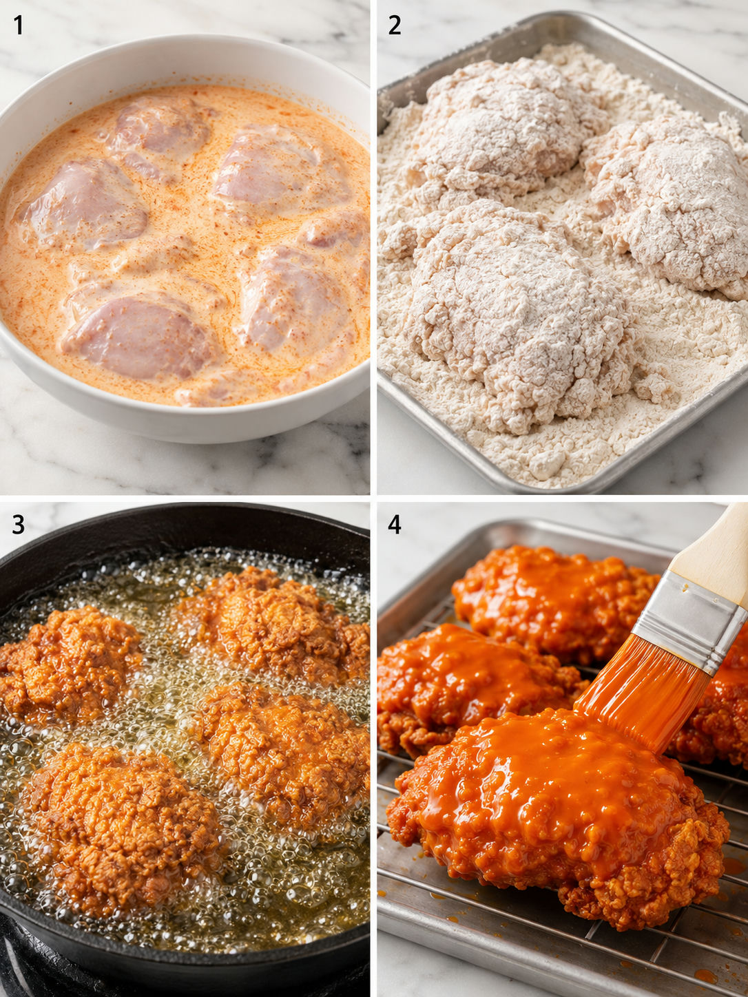 Four steps for making crispy Buffalo chicken sandwiches