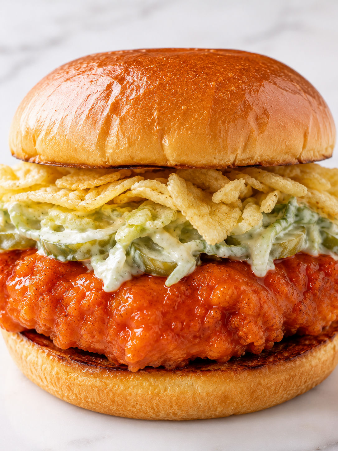 Buffalo chicken sandwich with glossy sauce, pickle slaw, and chips