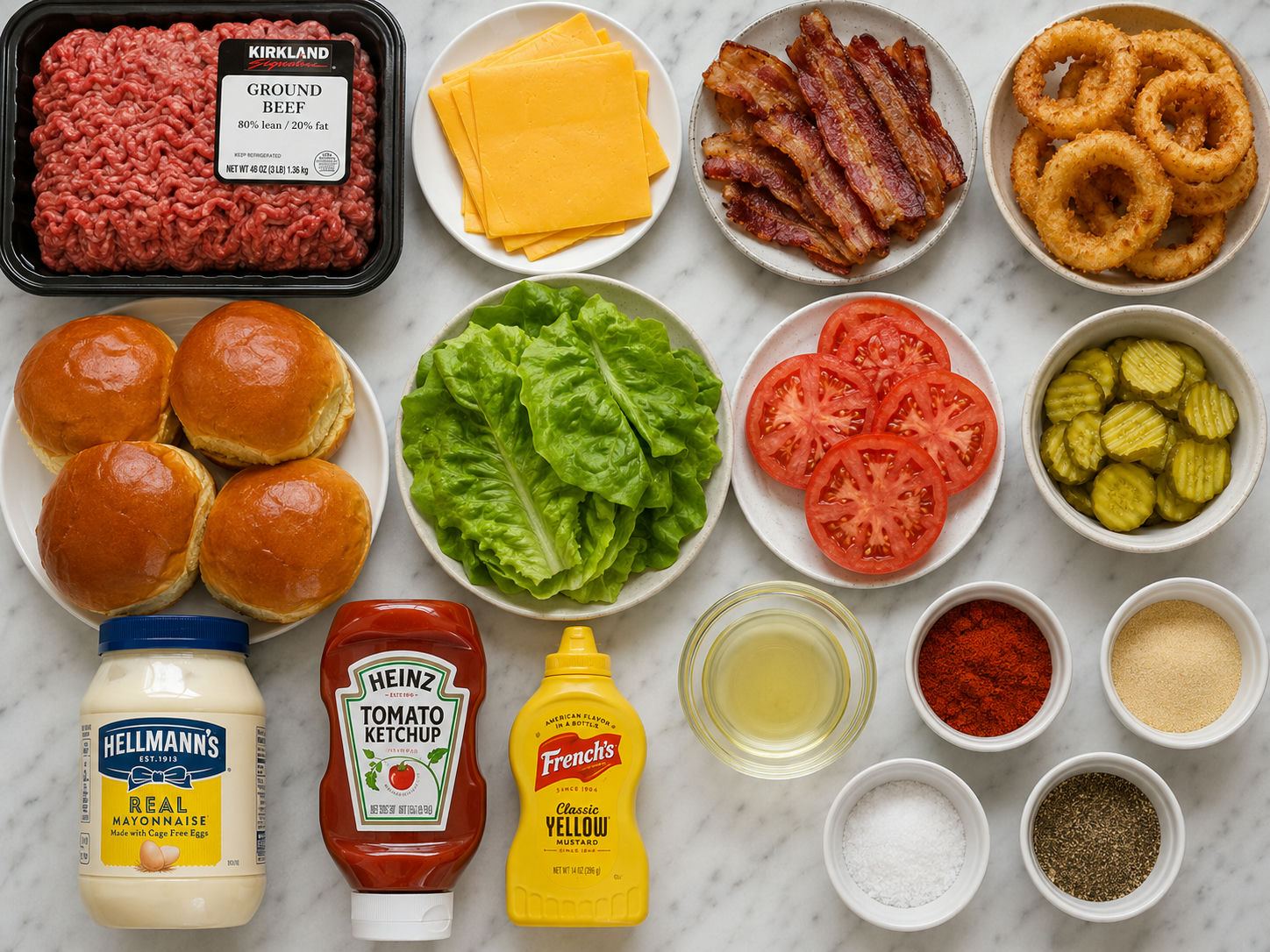 Ingredients for a loaded bacon cheeseburger with onion rings
