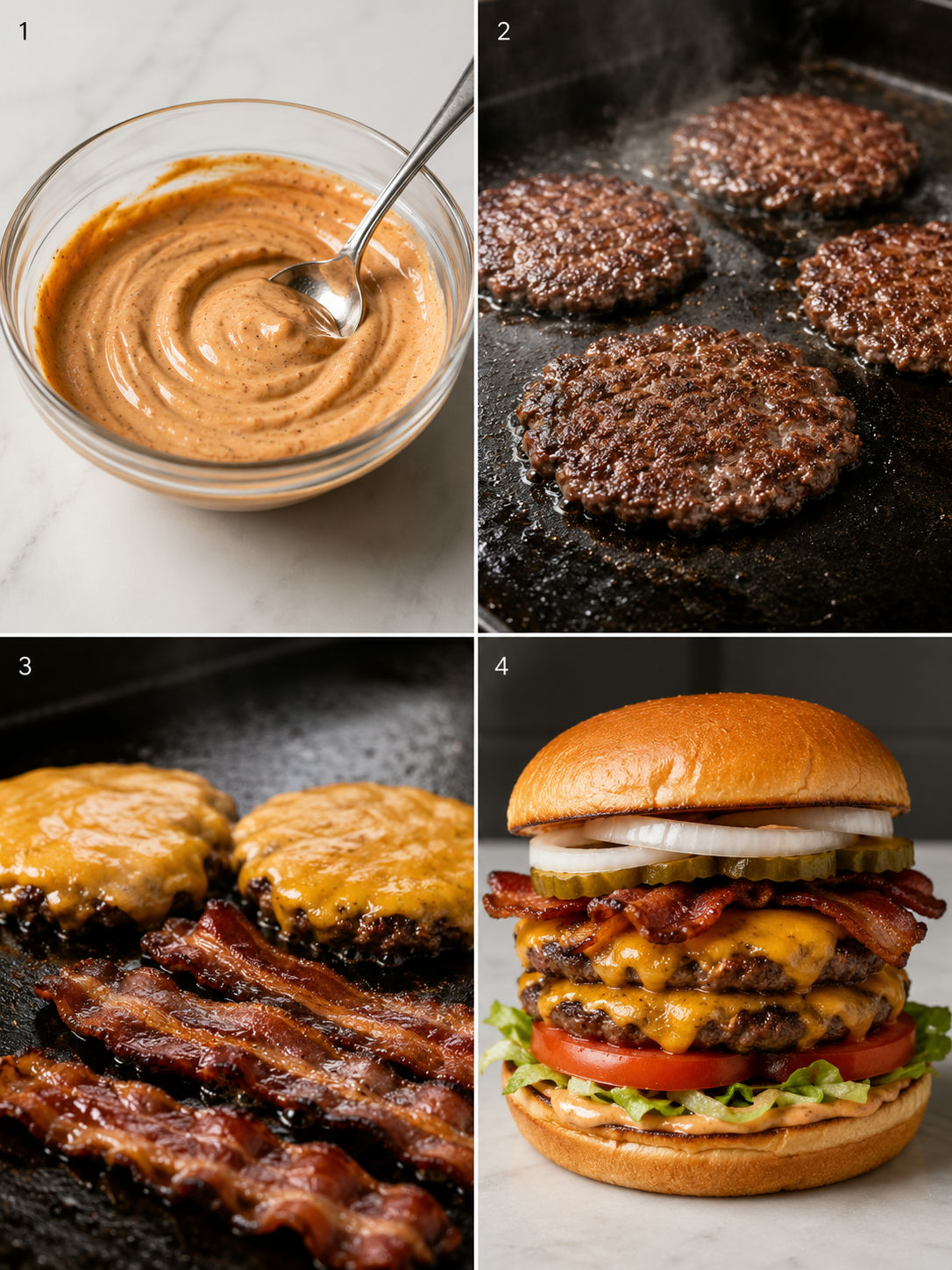 Four steps for making a stacked loaded bacon cheeseburger