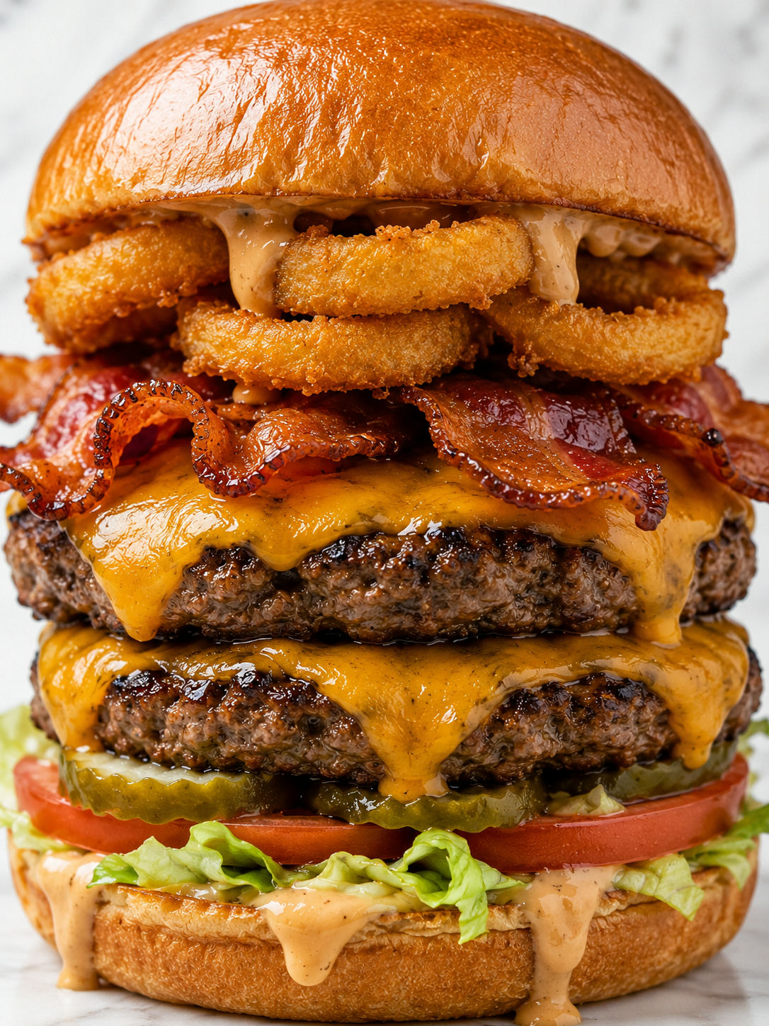 Loaded double cheeseburger with bacon, onion rings, pickles, and sauce